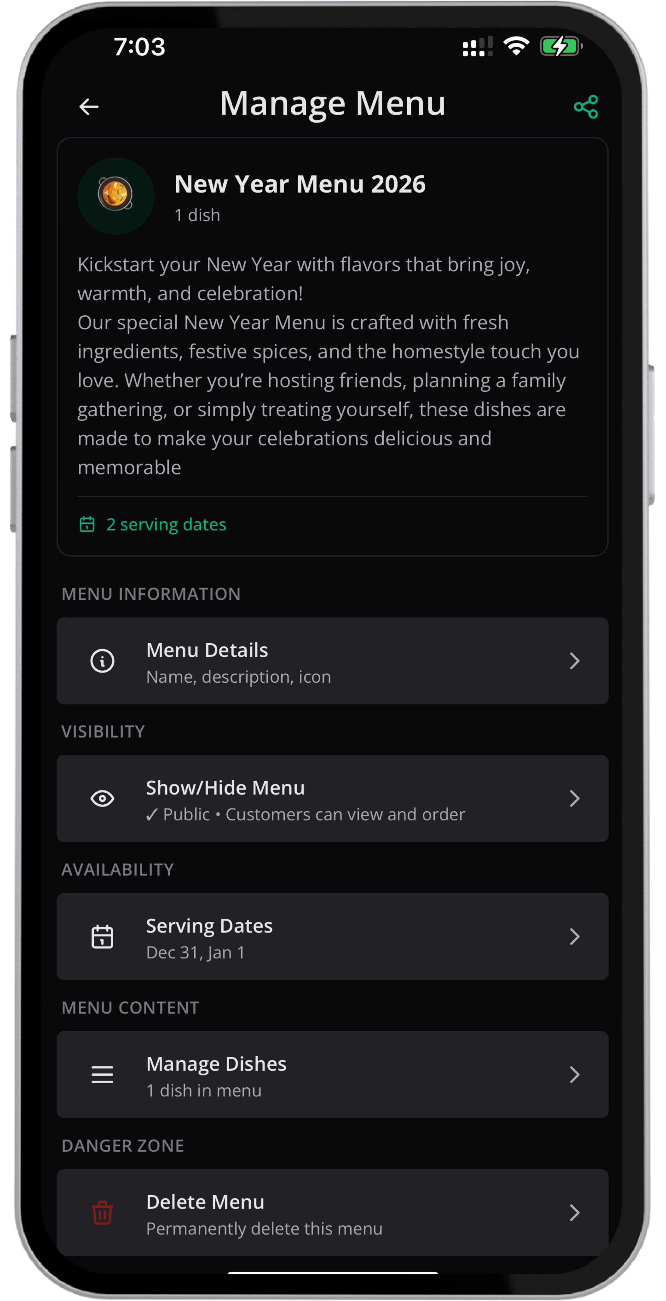QR code menu sharing