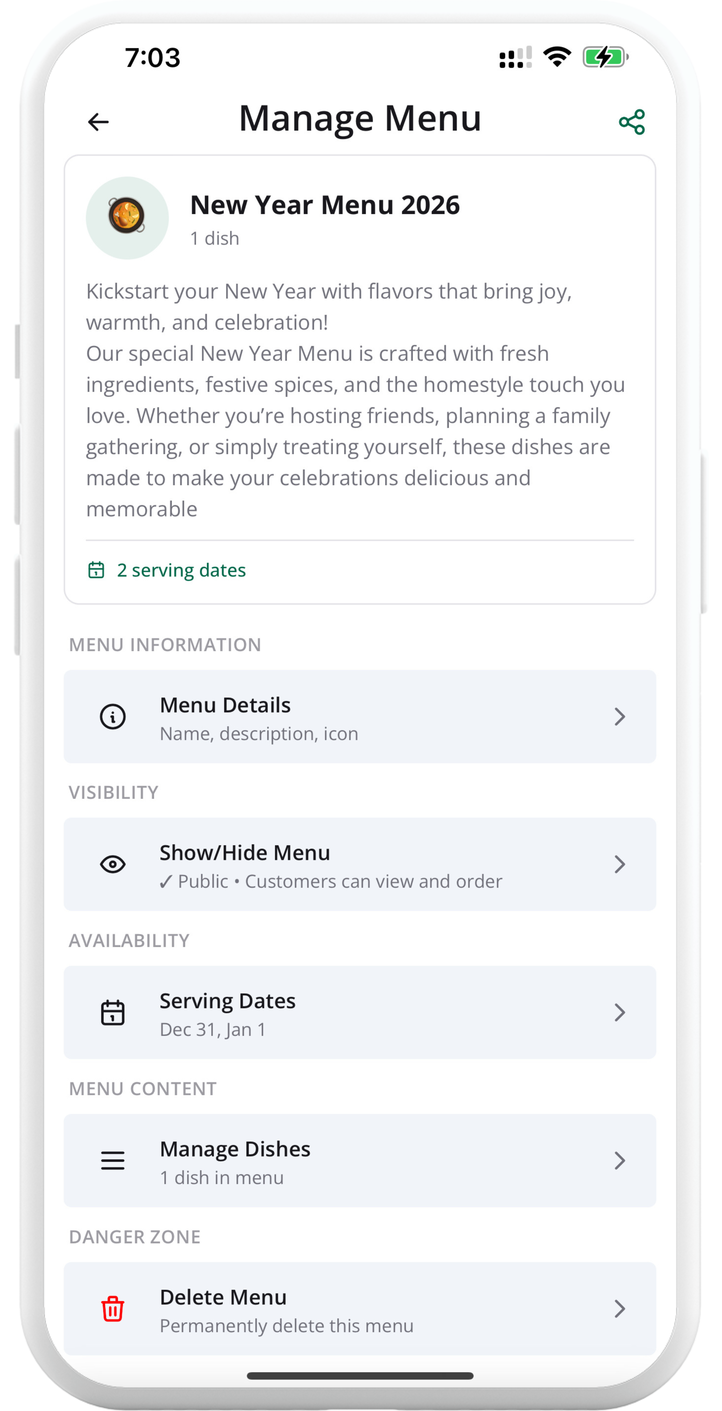 QR code menu sharing